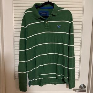 American Eagle Outfitters Men's Polo in Green and White Stripes